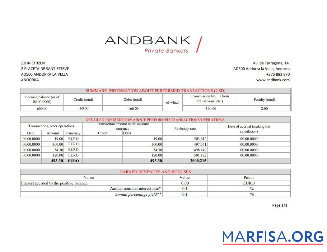 Printable Andorra Andbank bank statement excel download for verification